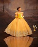 Princess Off The Shoulder Yellow Girl Pageant Lace Flower Girls Dresses for Wedding