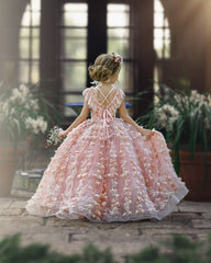 Princess Pink A-line Cap Sleeves Lace Flower Girls Dress-misshow.com