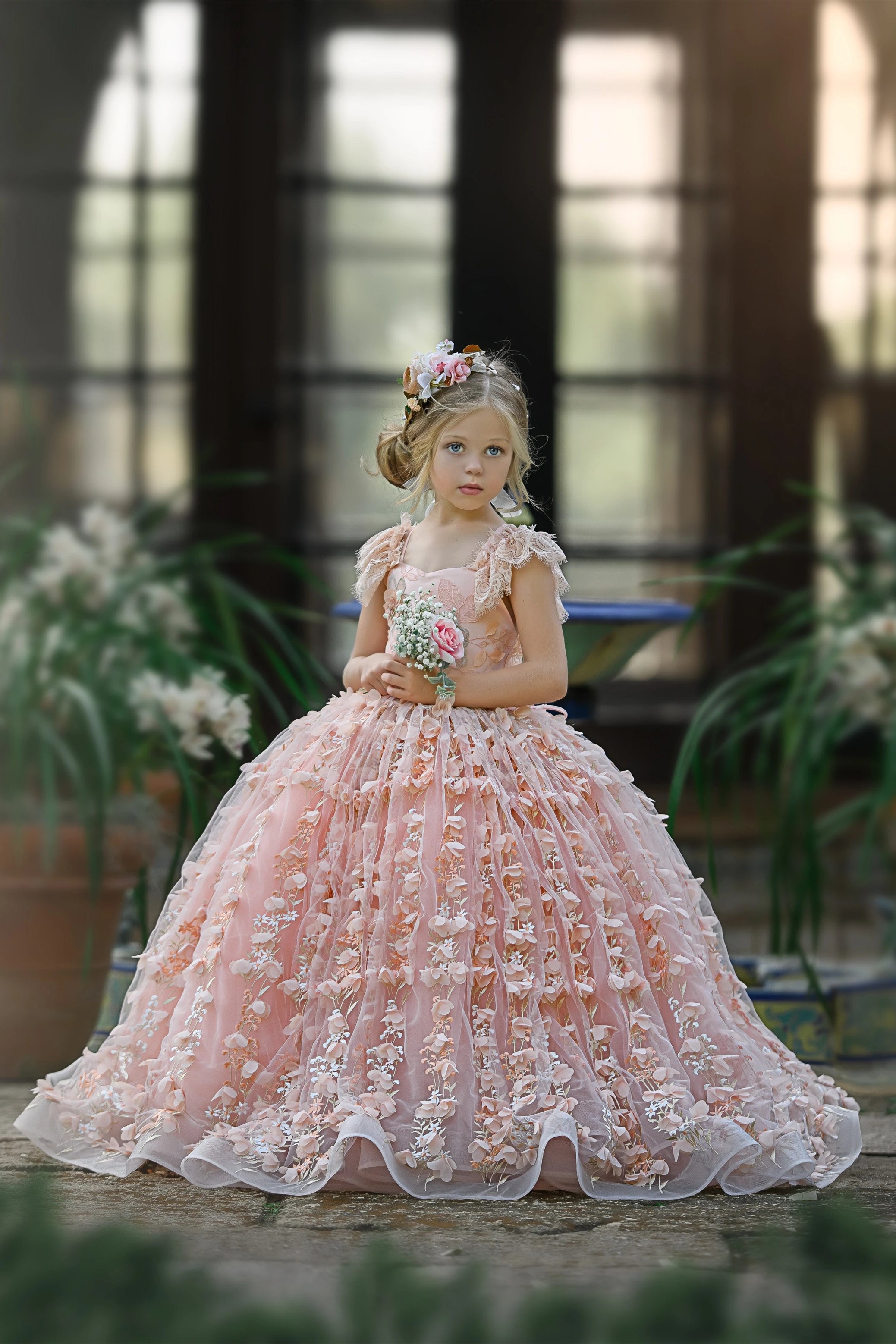 Princess Pink A-line Cap Sleeves Lace Flower Girls Dress-misshow.com