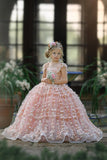 Princess Pink A-line Cap Sleeves Lace Flower Girls Dress