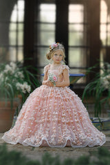 Princess Pink A-line Cap Sleeves Lace Flower Girls Dress-misshow.com