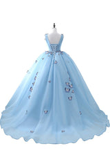MISSHOW offers Princess V Neck Chapel Train Chiffon Sky Blue Prom Dresses With Butterfly Applique at a cheap price from Sky Blue, 100D Chiffon to Princess Floor-length hem. Stunning yet affordable Sleeveless Prom Dresses.