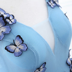 MISSHOW offers Princess V Neck Chapel Train Chiffon Sky Blue Prom Dresses With Butterfly Applique at a cheap price from Sky Blue, 100D Chiffon to Princess Floor-length hem. Stunning yet affordable Sleeveless Prom Dresses.