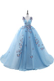Princess V Neck Chapel Train Chiffon Sky Blue Prom Dresses With Butterfly Applique