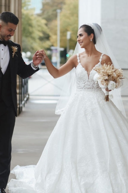 Princess White A-line V-neck Sleeveless Wedding Dresses With Lace-misshow.com