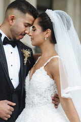 Princess White A-line V-neck Sleeveless Wedding Dresses With Lace-misshow.com