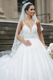 Princess White A-line V-neck Sleeveless Wedding Dresses With Lace