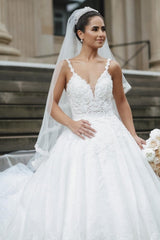 Princess White A-line V-neck Sleeveless Wedding Dresses With Lace-misshow.com