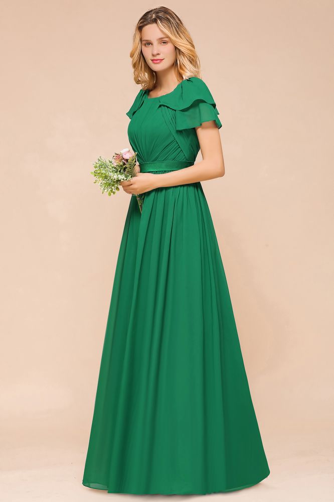 Puff Sleeve Floor Length Bridesmaid Dress A-line Wedding Guest Dress-misshow.com