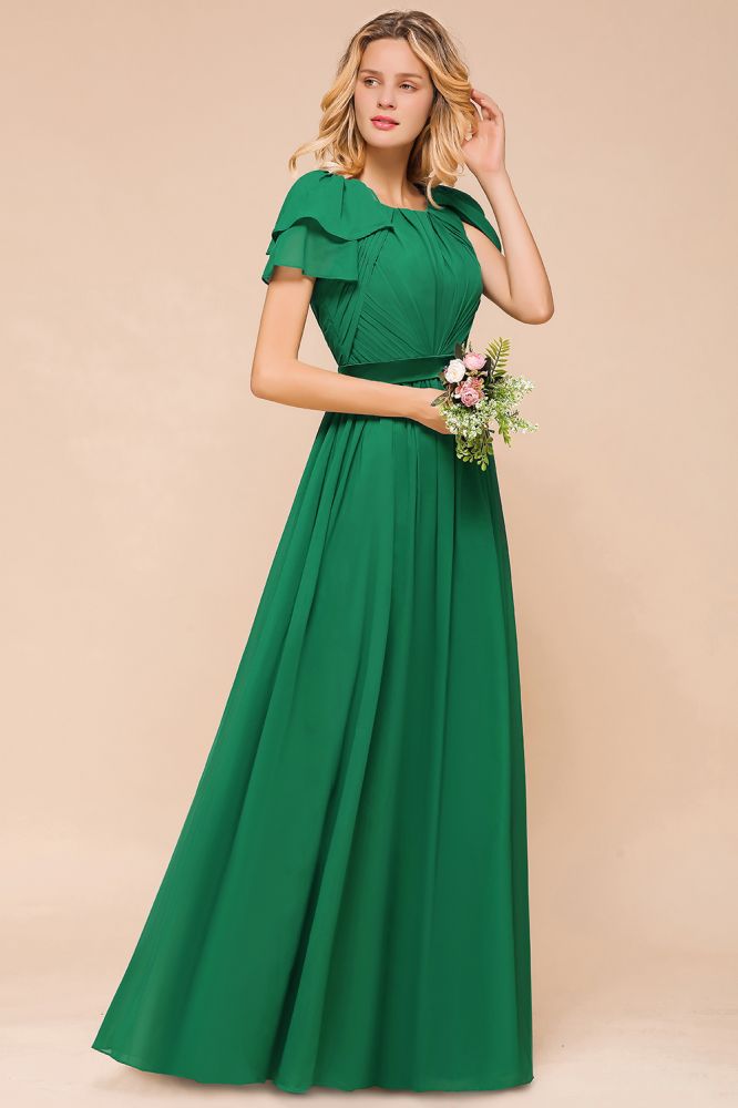 Puff Sleeve Floor Length Bridesmaid Dress A-line Wedding Guest Dress-misshow.com