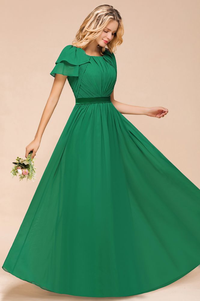 Puff Sleeve Floor Length Bridesmaid Dress A-line Wedding Guest Dress-misshow.com