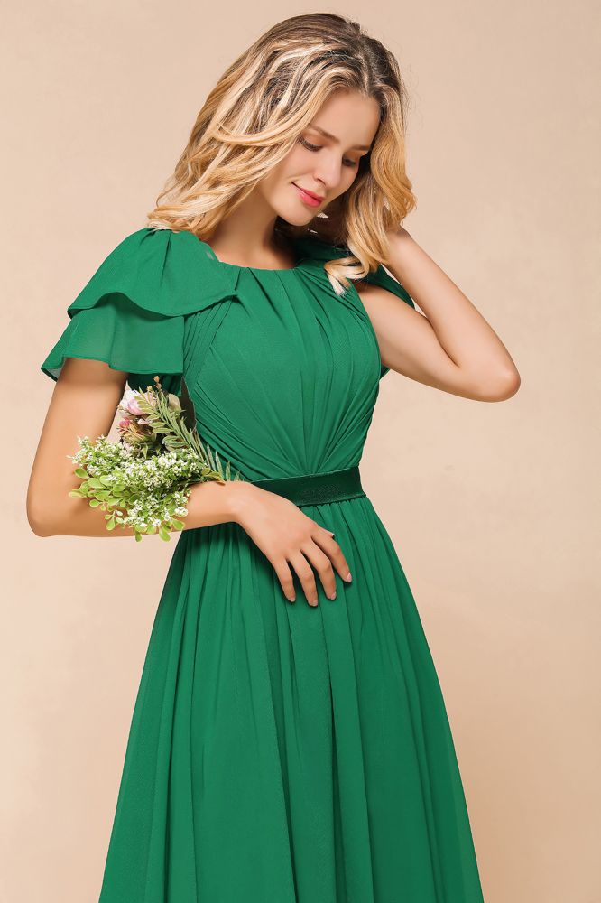Puff Sleeve Floor Length Bridesmaid Dress A-line Wedding Guest Dress-misshow.com