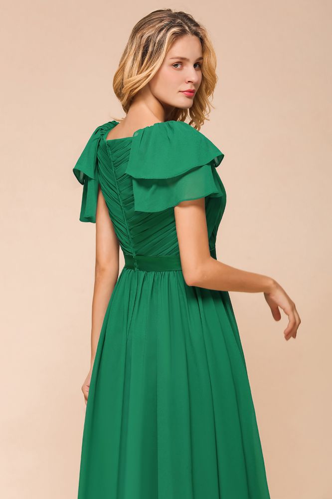 Puff Sleeve Floor Length Bridesmaid Dress A-line Wedding Guest Dress-misshow.com