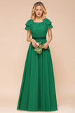 Puff Sleeve Floor Length Bridesmaid Dress A-line Wedding Guest Dress