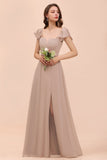 Puff Sleeve Khaki Bridesmaid Dress Side Spolit Maid of honor dress-misshow.com