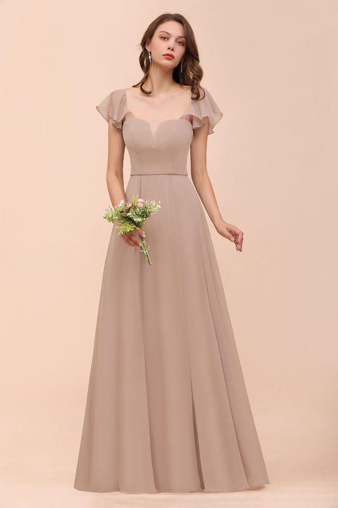 Puff Sleeve Khaki Bridesmaid Dress Side Spolit Maid of honor dress-misshow.com
