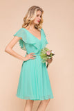 Puffy Knee Length Bridesmaid Dress Chiffon V-Neck Casual Short Dress-misshow.com