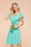 Puffy Knee Length Bridesmaid Dress Chiffon V-Neck Casual Short Dress-misshow.com