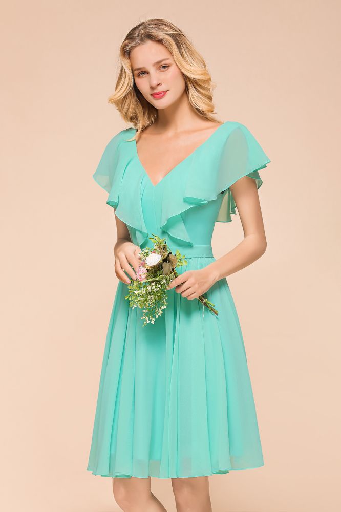 Puffy Knee Length Bridesmaid Dress Chiffon V-Neck Casual Short Dress-misshow.com