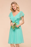 Puffy Knee Length Bridesmaid Dress Chiffon V-Neck Casual Short Dress-misshow.com