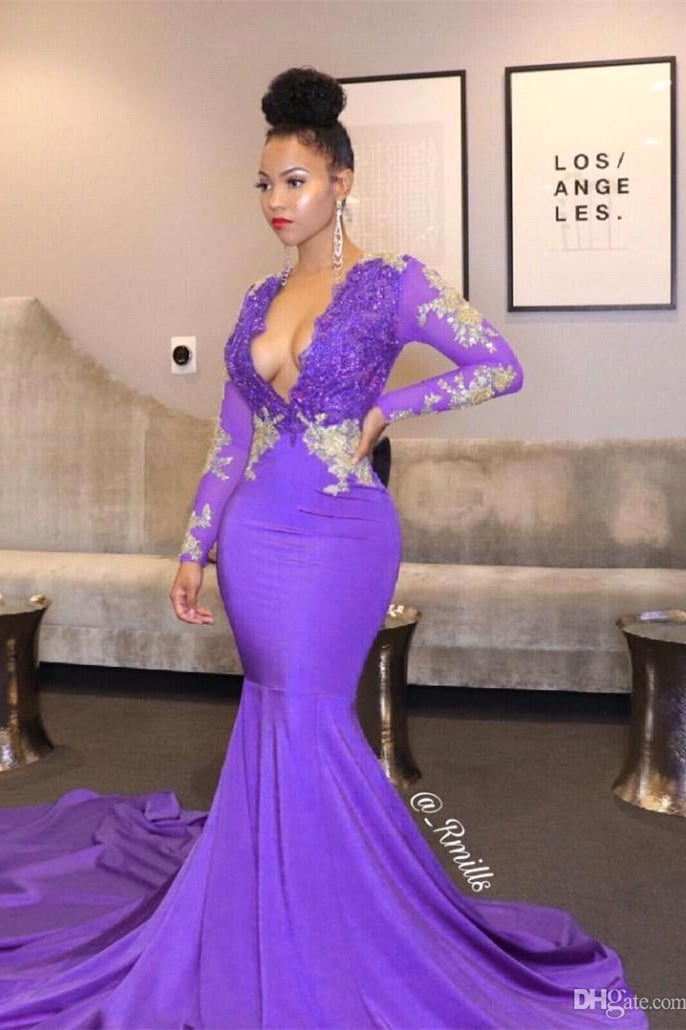 Purple Long Prom Dresses Deep V-neck Lace Mermaid Evening Gowns-misshow.com