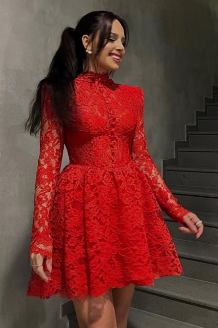 Red A-Line Short Lace Long Sleeve Cocktail Dress Party Dresses-misshow.com