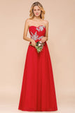 Red Charming Strapless Appliques Evening Maxi Dress Wedding Party Dress
