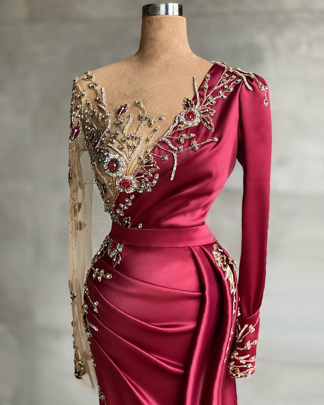 Red evening dress floor-length Prom Evening Dresses with sleeves-misshow.com