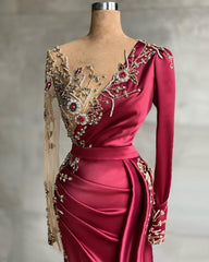 Red evening dress floor-length Prom Evening Dresses with sleeves-misshow.com