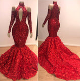Red Floral Mermaid High Neck Long Sleeve Prom Dresses-misshow.com