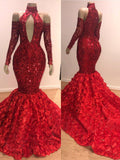 Red Floral Mermaid High Neck Long Sleeve Prom Dresses-misshow.com