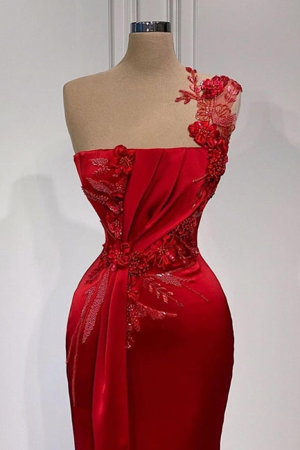 Red Flowers One Shoulder Sleeveless Floor-length Prom Evening Dresses-misshow.com