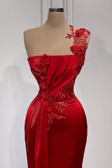 Red Flowers One Shoulder Sleeveless Floor-length Prom Evening Dresses-misshow.com