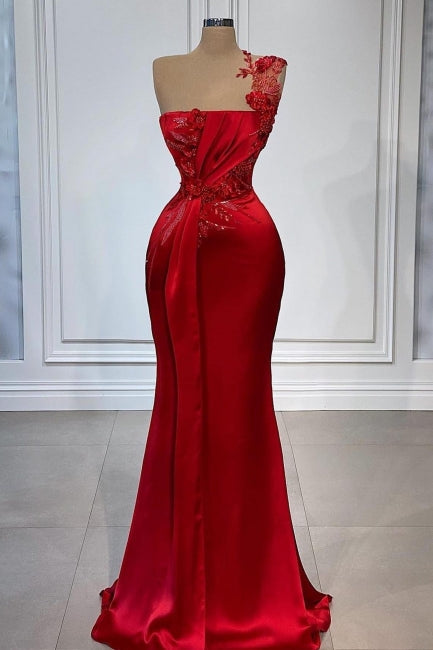 Red Flowers One Shoulder Sleeveless Floor-length Prom Evening Dresses-misshow.com