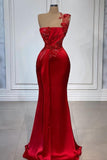 Red Flowers One Shoulder Sleeveless Floor-length Prom Dresses-misshow.com