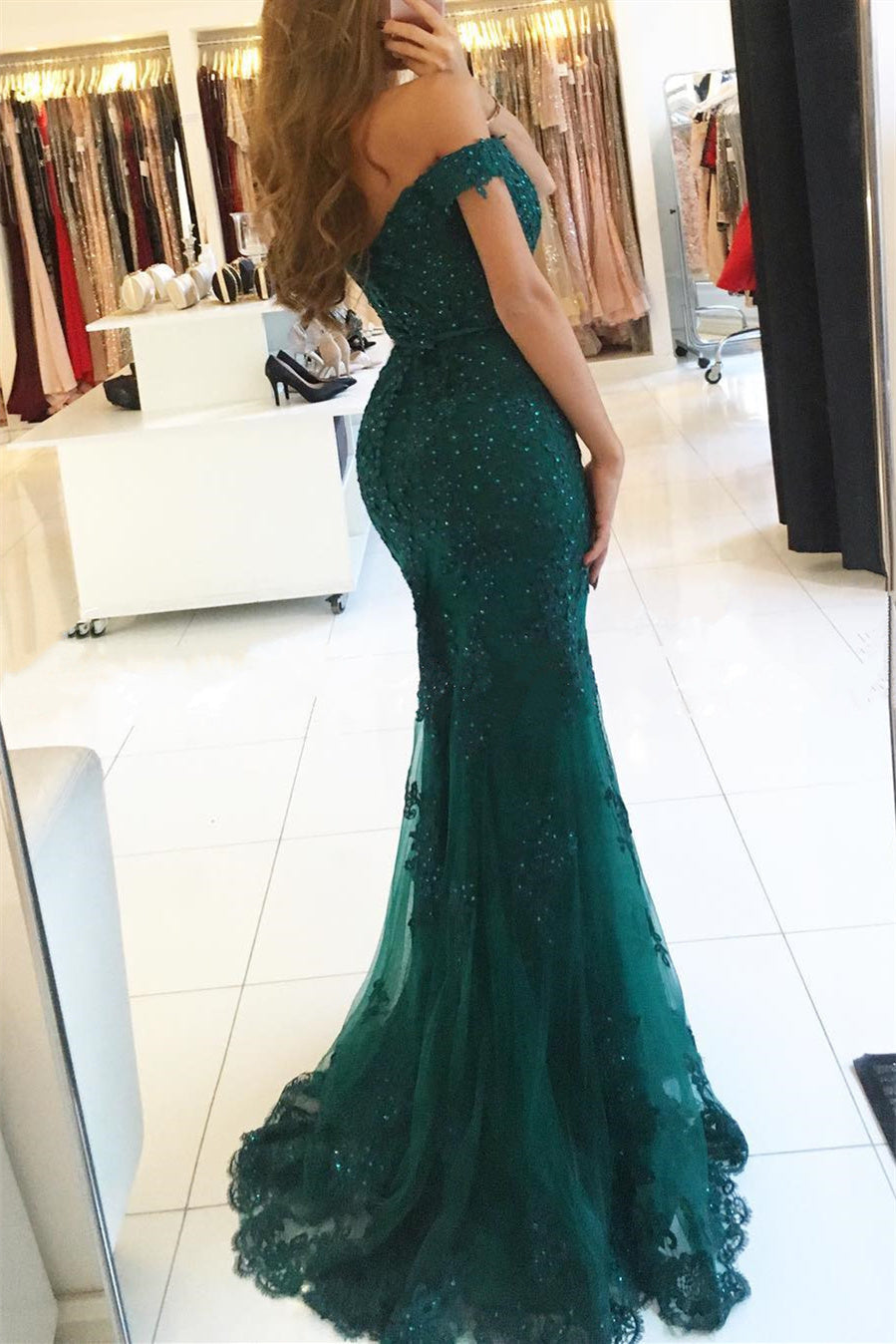 Red Long Evening Dresses Lace Beaded Off Shoulder Mermaid Prom Evening Dresses Party Dresses-misshow.com