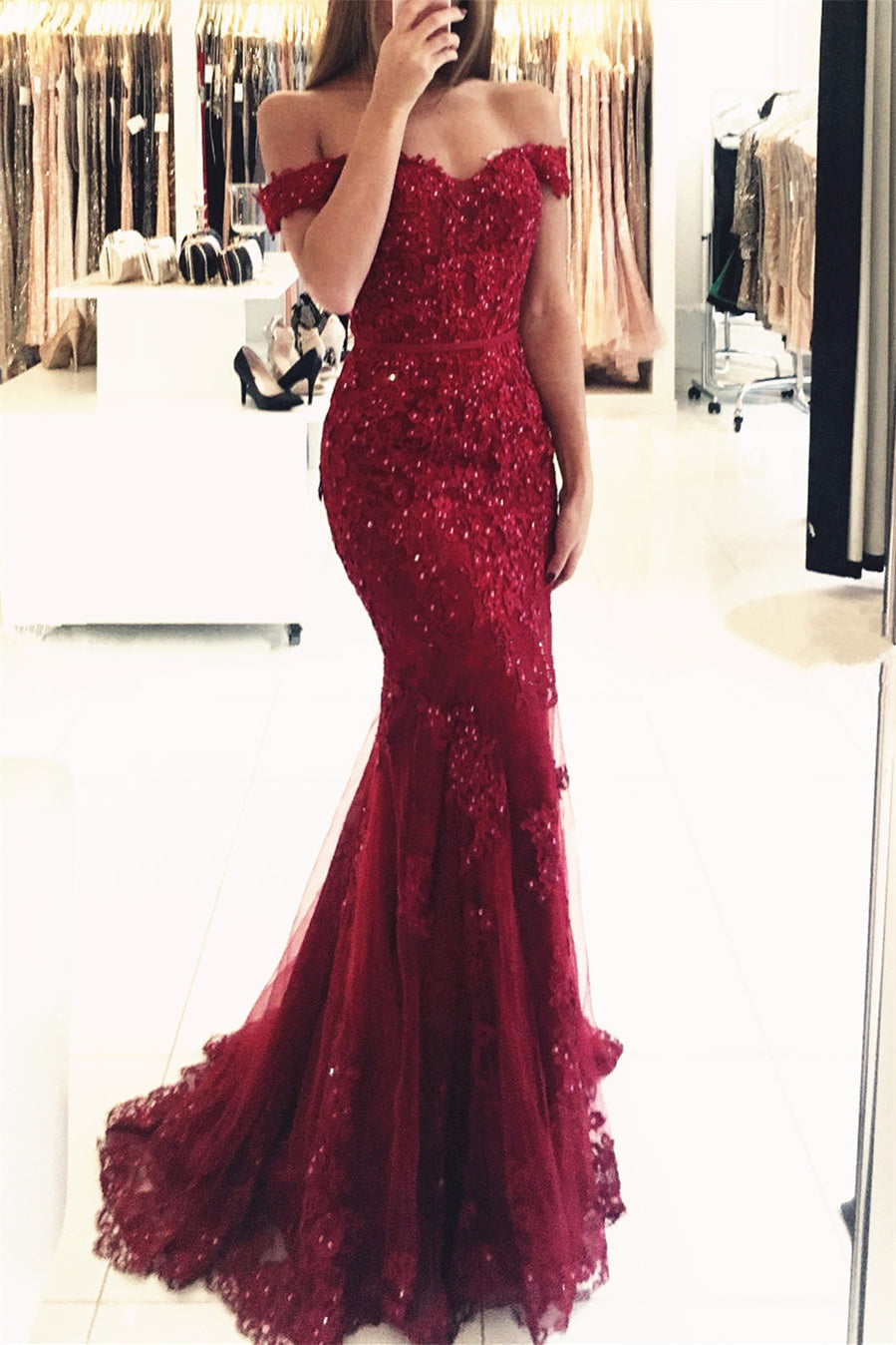 Red Long Evening Dresses Lace Beaded Off Shoulder Mermaid Prom Evening Dresses Party Dresses-misshow.com