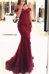 Red Long Evening Dresses Lace Beaded Off Shoulder Mermaid Prom Evening Dresses Party Dresses-misshow.com