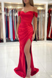 Red Off The Shoulder Mermaid Evening Maxi Dress with Side Slit-misshow.com