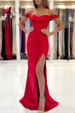 Red Off The Shoulder Mermaid Evening Maxi Dress with Side Slit-misshow.com