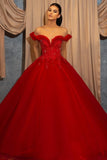 Red Off-the-shoulder Sleeveless Ball Gown Chiffon Floor-Length Prom Dresses with Lace-misshow.com