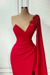 Red One-shoulder Sleeveless Mermaid Satin Floor-Length Prom Evening Dresses with Ruffles-misshow.com