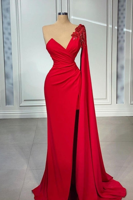 Red One-shoulder Sleeveless Mermaid Satin Floor-Length Prom Dresses with Ruffles-misshow.com