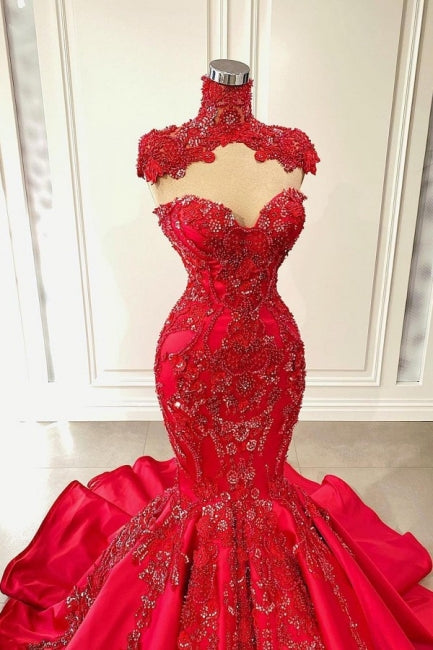Red Sweetheart Sleeveless Mermaid Satin Floor-Length Prom Dresses with Beading-misshow.com