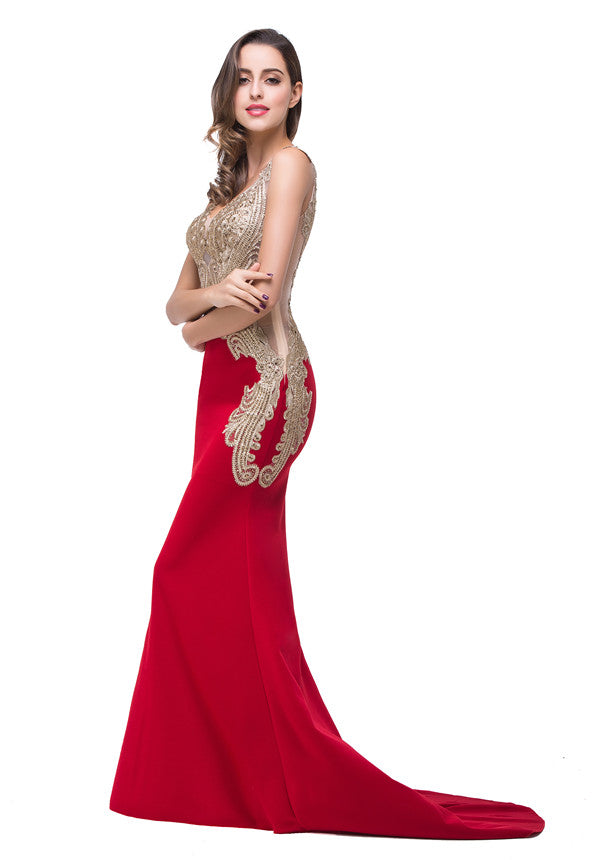 MISSHOW offers gorgeous Red V-neck party dresses with delicately handmade Beading,Appliques in size 0-26W. Shop Floor-length prom dresses at affordable prices.