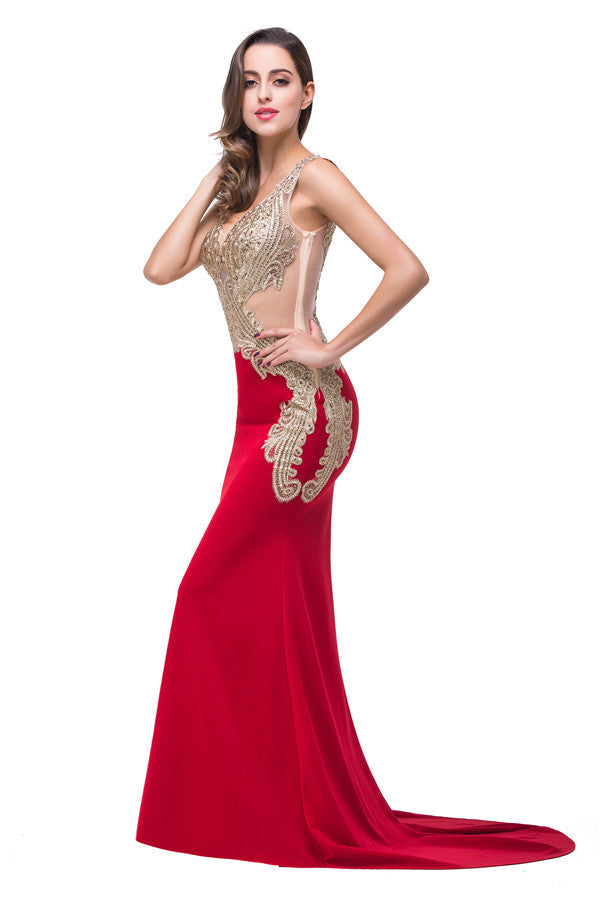 MISSHOW offers gorgeous Red V-neck party dresses with delicately handmade Beading,Appliques in size 0-26W. Shop Floor-length prom dresses at affordable prices.
