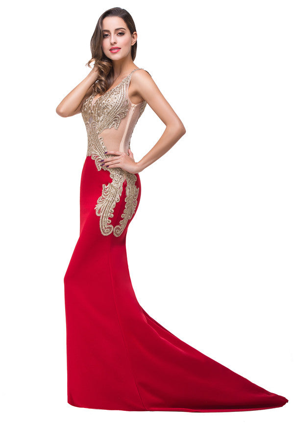 MISSHOW offers gorgeous Red V-neck party dresses with delicately handmade Beading,Appliques in size 0-26W. Shop Floor-length prom dresses at affordable prices.