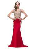 Red V-Neck Mermaid Sweep-length Appliques Formal Dresses