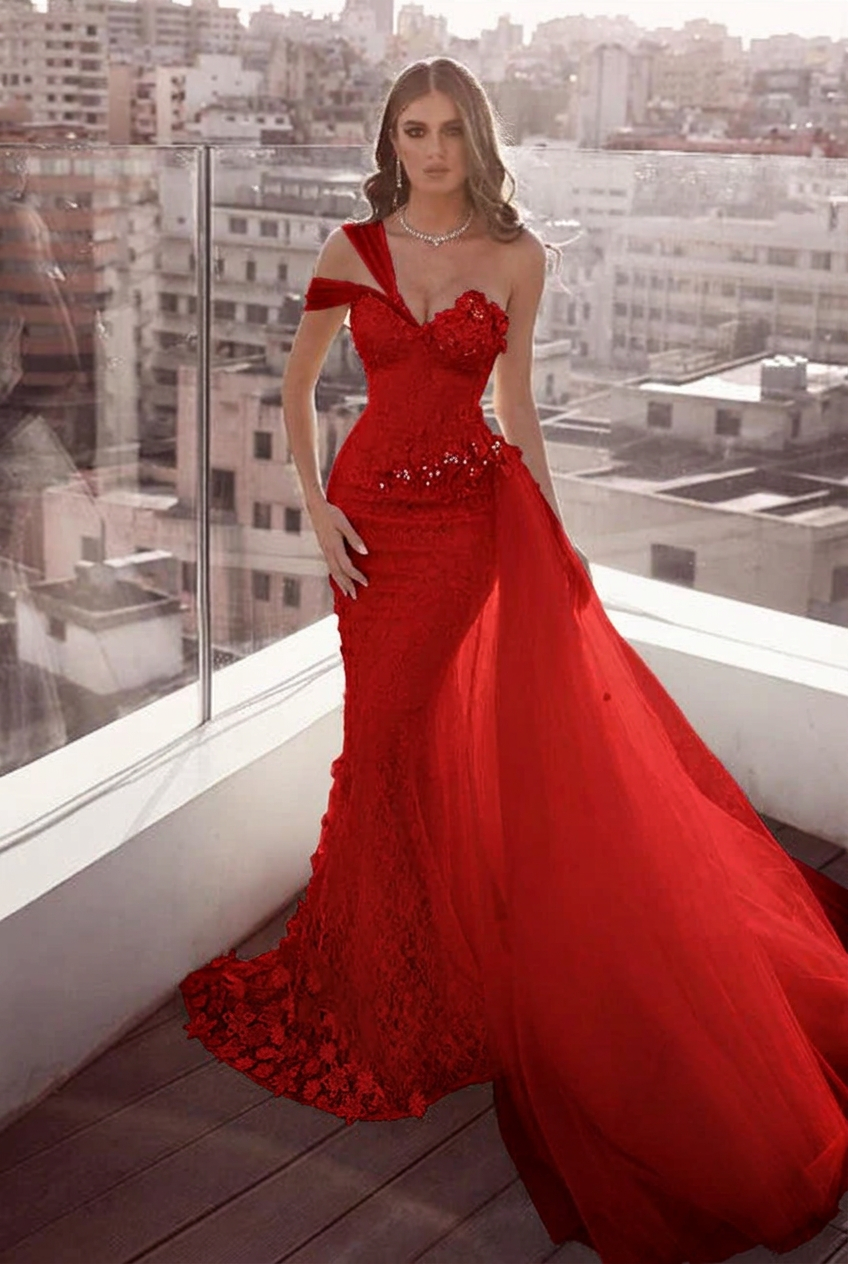 Red sweetheart pearl mermaid wedding dress