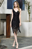 Retro Sparkly Sequins Slim Prom Dress Black V-Neck Sleeveless Flapper Roaring Party Dress